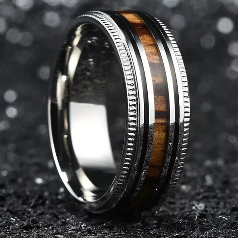 Men's 8mm Tungsten Silver Zebra Wood Inlay Sawtooth Edge Engagement Wedding Band